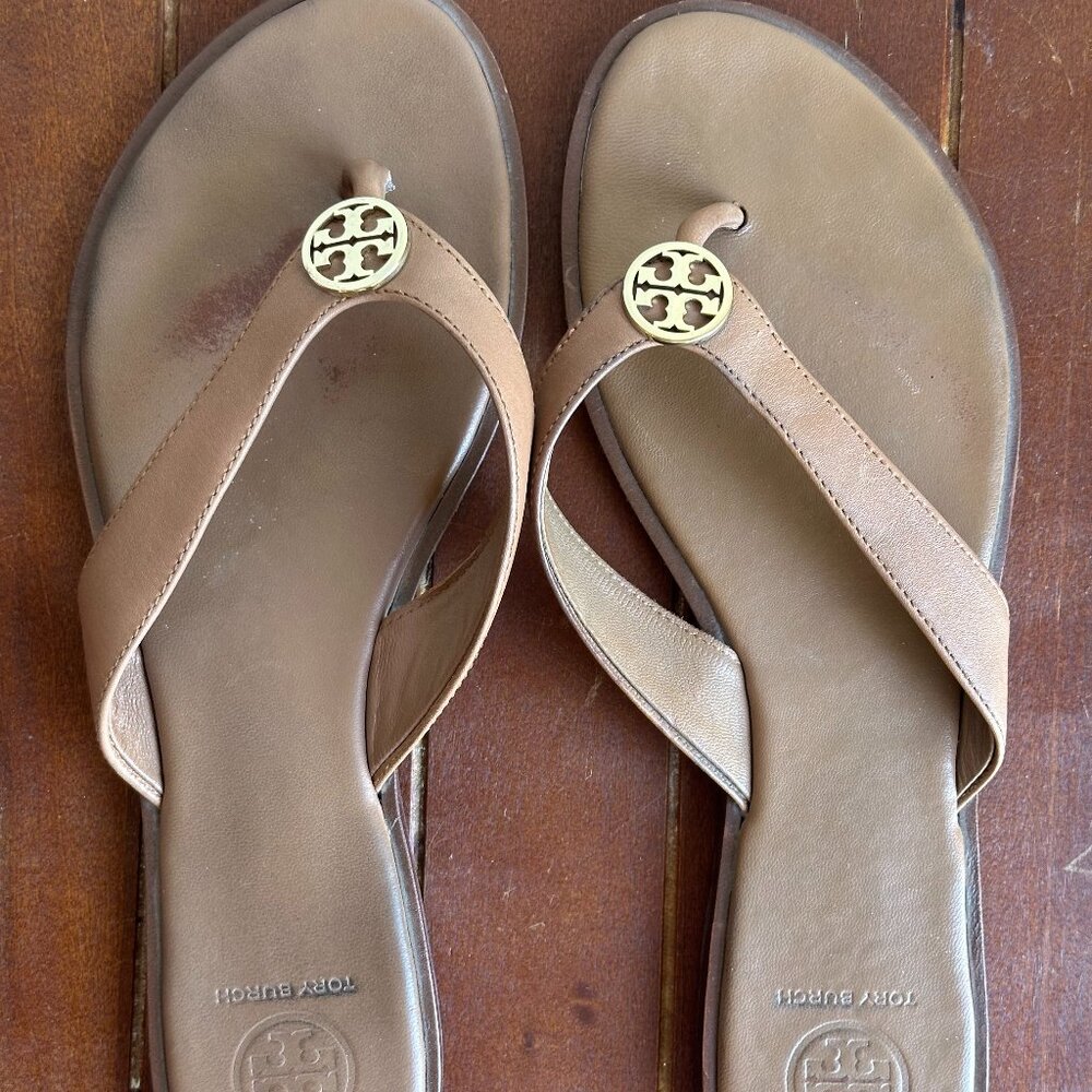 Tory Burch Flip Flop Sandals Tan Leather Women's Size 9